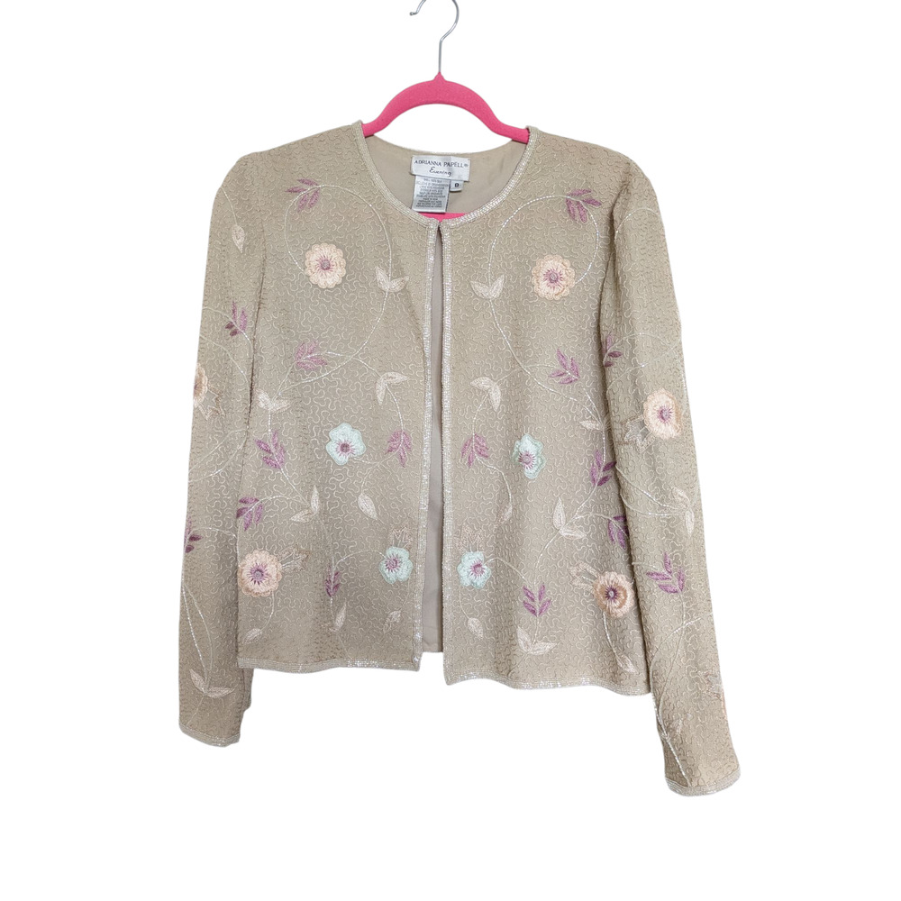 VTG Adrianna Papell Jacket 8 Silk Beige-Pink Beaded Embroidered Flower Romantic